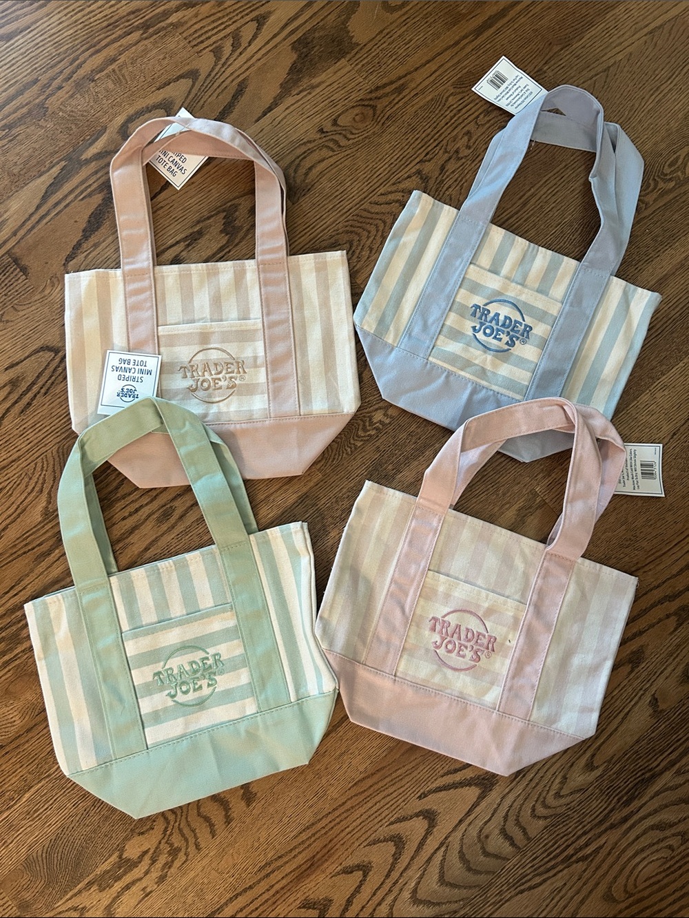 4 Trader Joe's Pastel Stripe Mini Totes - Blue, Pink, Green and Cream